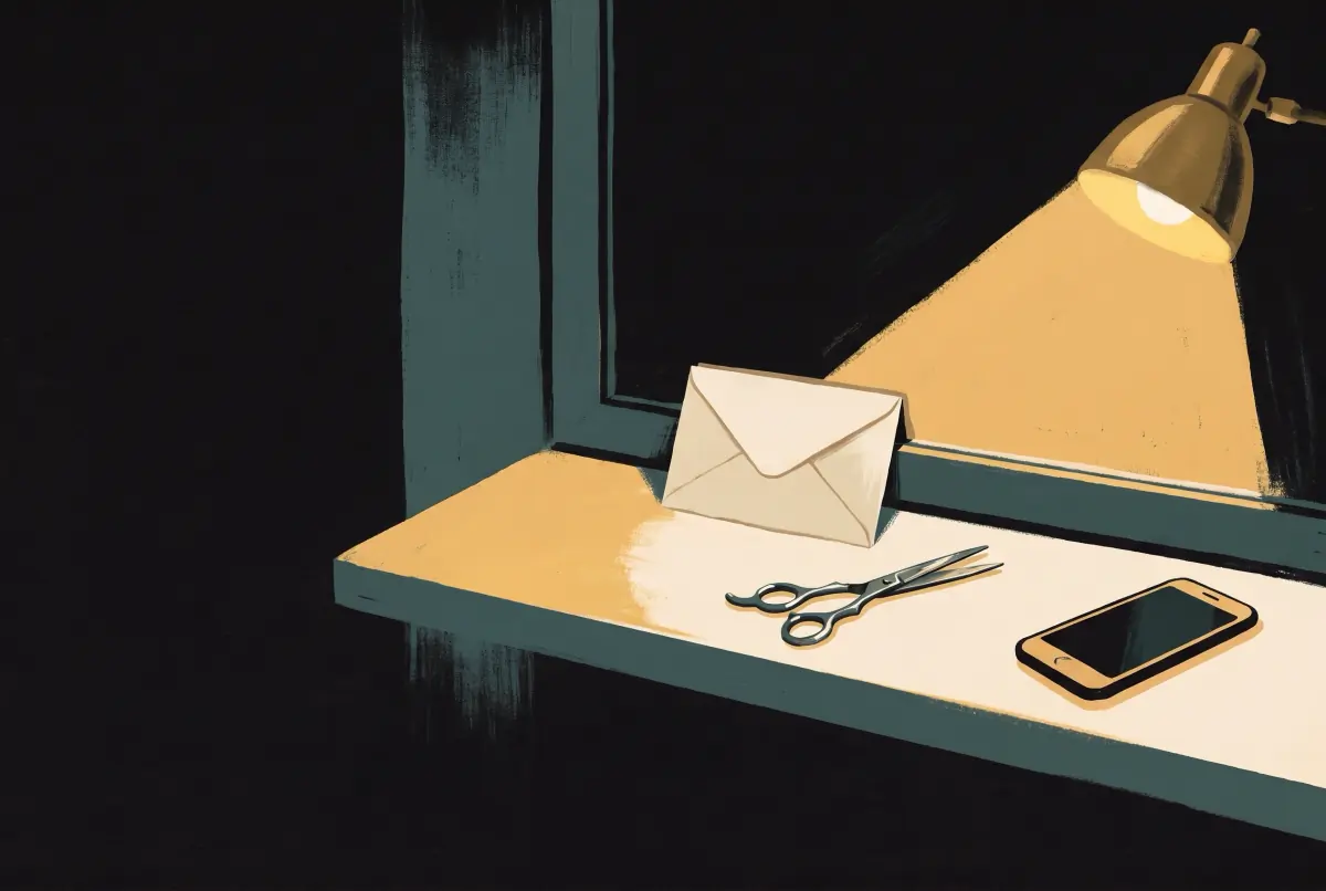 The salon shelf under the brass lamp, now holding one sealed blank envelope, folded scissors and a phone face down.